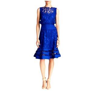 Tadashi Shoji Dress‎ Women 8 Blue Embroidered Lace Blouson Waist Marna Cocktail